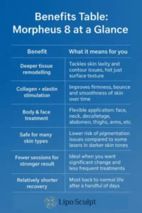 How Often Can I have Morpheus 8? 3 Table showing the benefits of Morpheus 8 treatment from Lipo Sculpt Leicester